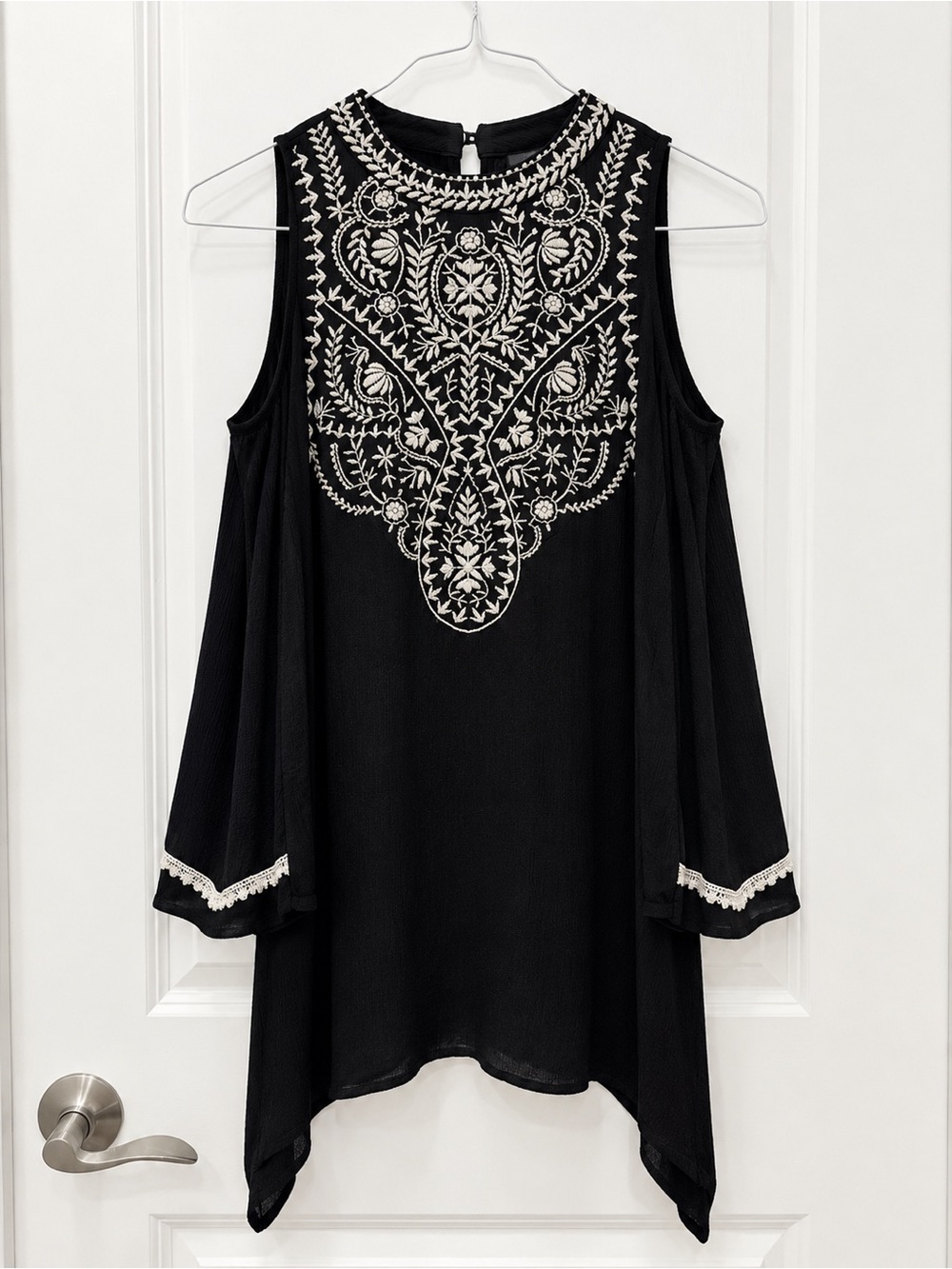 Black Embroidered Open-Shoulder Women's Top